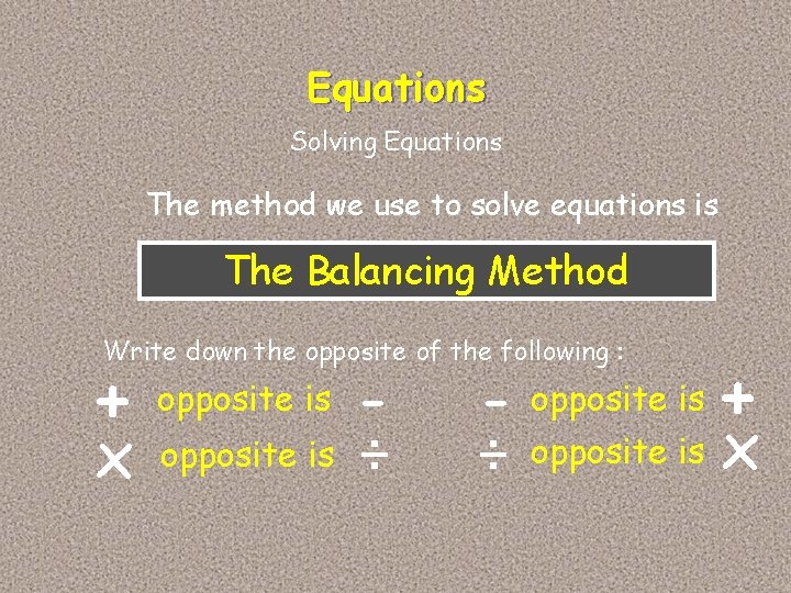 Equations Solving Equations The method we use to solve equations is The Balancing Method
