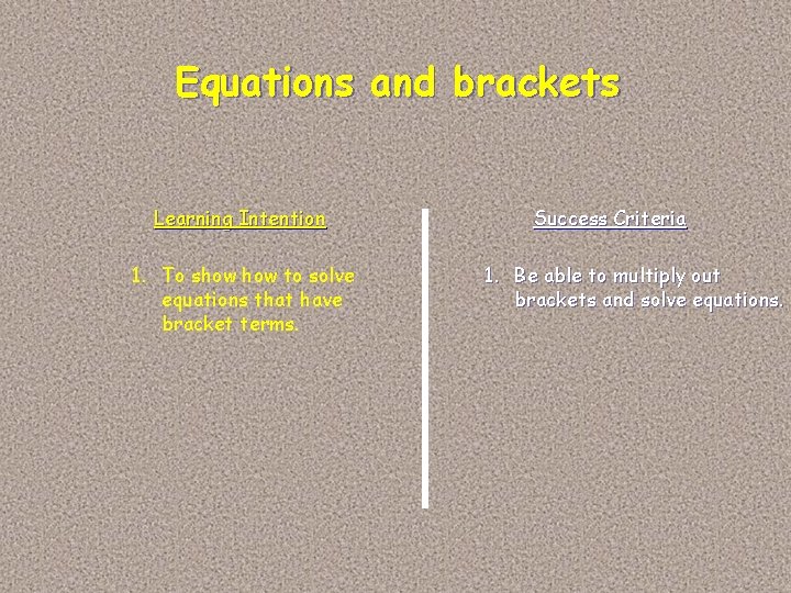 Equations and brackets Learning Intention 1. To show to solve equations that have bracket
