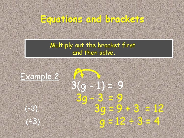 Equations and brackets Multiply out the bracket first and then solve. Example 2 (+3)