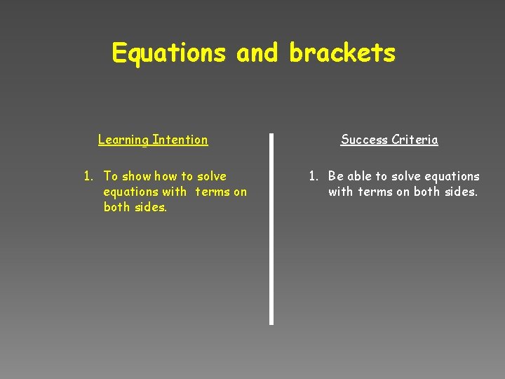 Equations and brackets Learning Intention 1. To show to solve equations with terms on