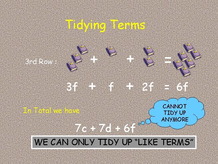 Tidying Terms + 3 rd Row : 3 f + = + 2 f Tidying Terms + 3 rd Row : 3 f + = + 2 f