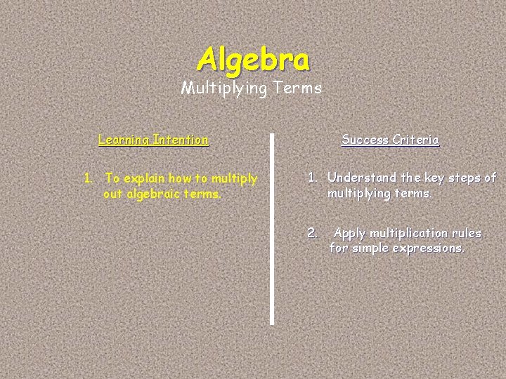 Algebra Multiplying Terms Learning Intention 1. To explain how to multiply out algebraic terms. Algebra Multiplying Terms Learning Intention 1. To explain how to multiply out algebraic terms.