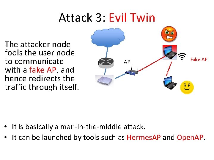 Attack 3: Evil Twin The attacker node fools the user node to communicate with