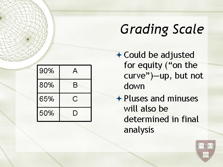 Grading Scale Could be adjusted 90% A 80% B 65% C 50% D for