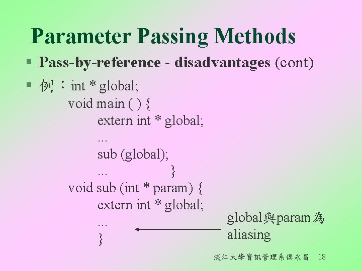 Parameter Passing Methods § Pass-by-reference - disadvantages (cont) § 例：int * global; void main