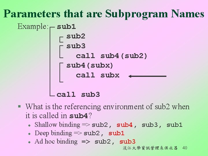 Parameters that are Subprogram Names Example: sub 1 sub 2 sub 3 call sub