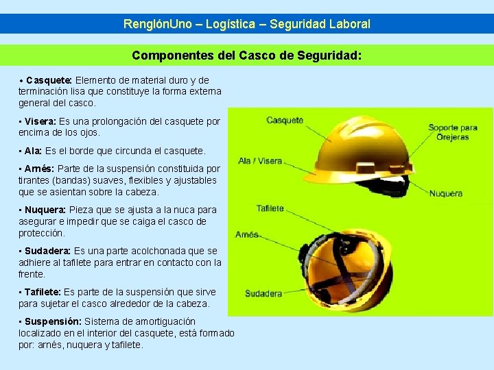 Renglón. Uno – Logística – Seguridad Laboral Componentes del Casco de Seguridad: • Casquete: