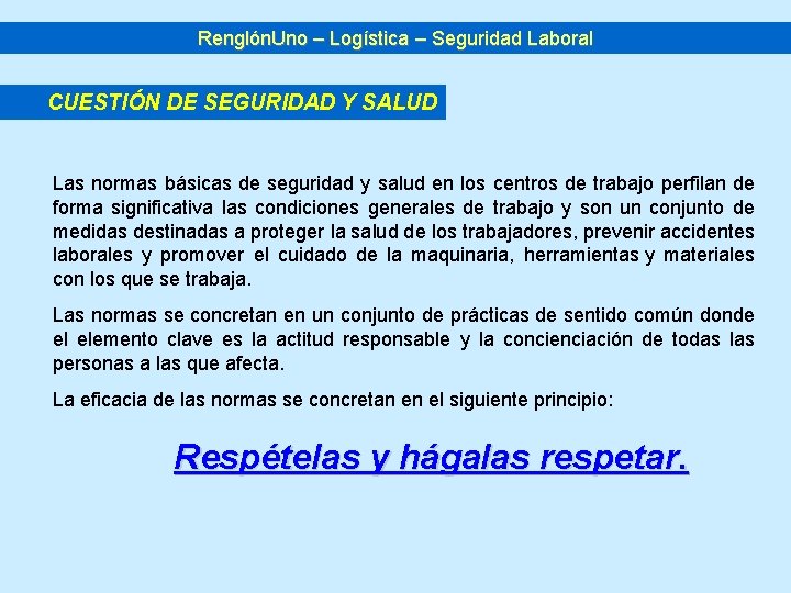 Renglón. Uno – Logística – Seguridad Laboral CUESTIÓN DE SEGURIDAD Y SALUD Las normas