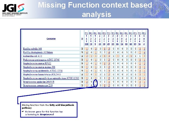 Missing Function context based analysis Missing function from the fatty acid biosynthesis pathway F