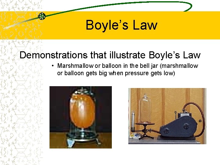 Boyle’s Law Demonstrations that illustrate Boyle’s Law • Marshmallow or balloon in the bell