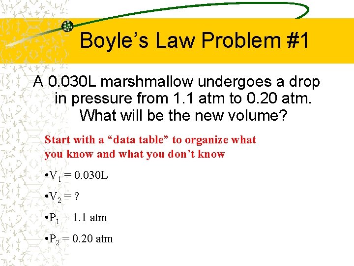 Boyle’s Law Problem #1 A 0. 030 L marshmallow undergoes a drop in pressure