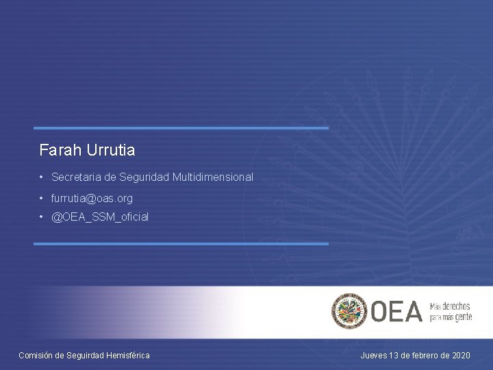 Farah Urrutia • Secretaria de Seguridad Multidimensional • furrutia@oas. org • @OEA_SSM_oficial Comisión de