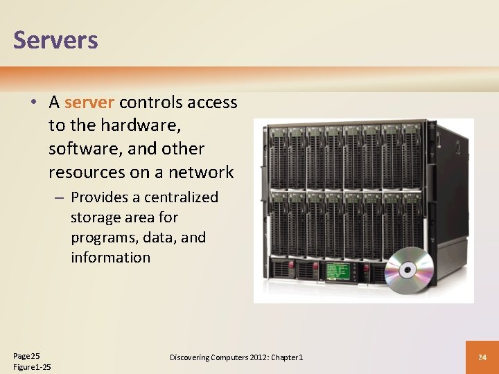 Servers • A server controls access to the hardware, software, and other resources on