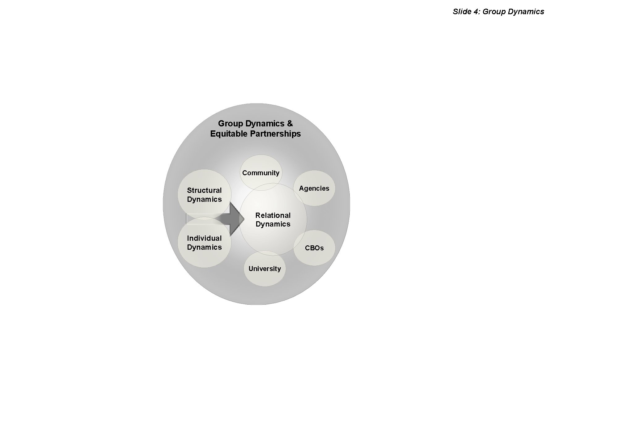 Slide 4: Group Dynamics & Equitable Partnerships Community Agencies Structural Dynamics Relational Dynamics Individual