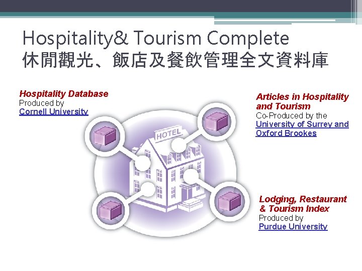 Hospitality& Tourism Complete 休閒觀光、飯店及餐飲管理全文資料庫 Hospitality Database Produced by Cornell University Articles in Hospitality and
