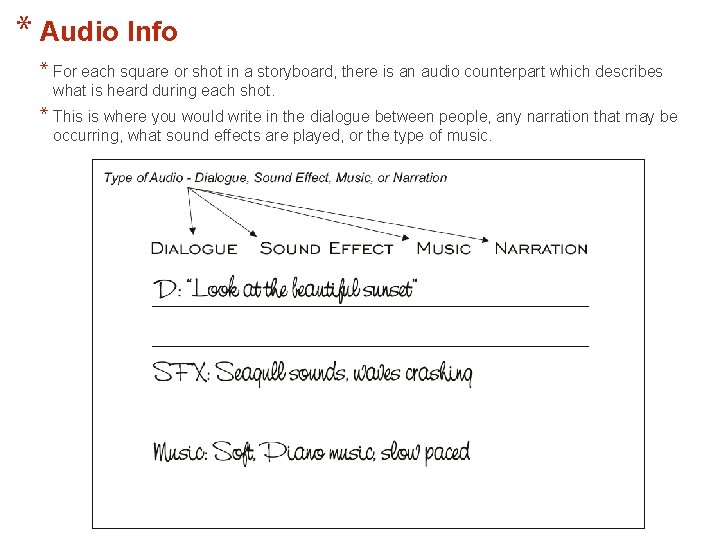 * Audio Info * For each square or shot in a storyboard, there is