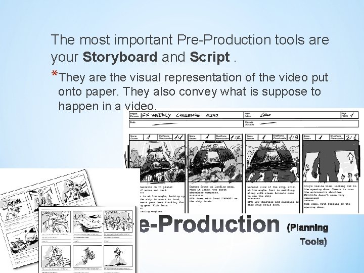 The most important Pre-Production tools are your Storyboard and Script. *They are the visual