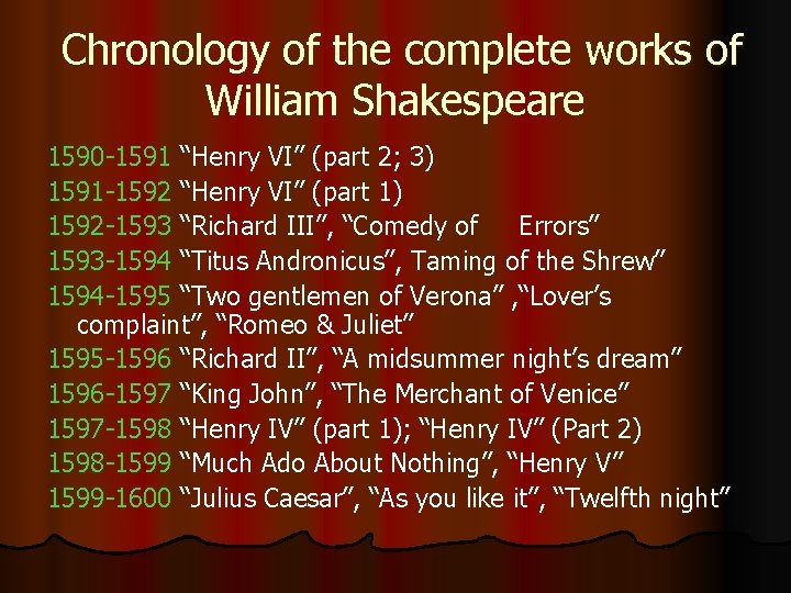 Chronology of the complete works of William Shakespeare 1590 -1591 “Henry VI” (part 2;