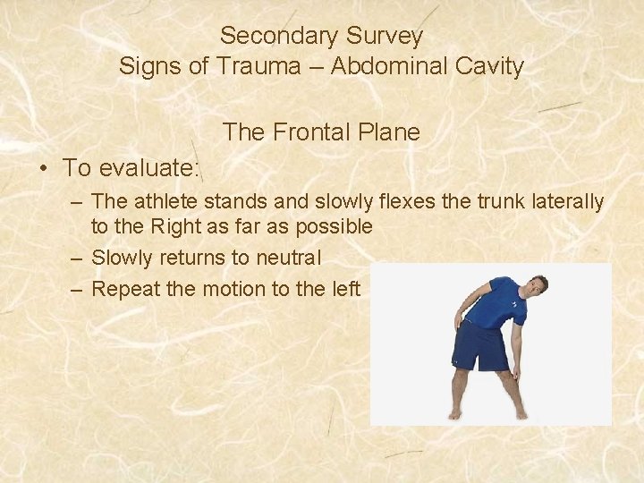Secondary Survey Signs of Trauma – Abdominal Cavity The Frontal Plane • To evaluate: