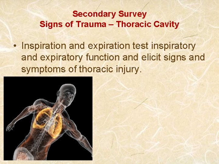 Secondary Survey Signs of Trauma – Thoracic Cavity • Inspiration and expiration test inspiratory