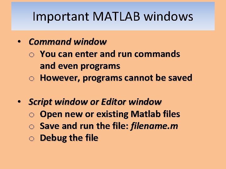 Important MATLAB windows • Command window o You can enter and run commands and Important MATLAB windows • Command window o You can enter and run commands and