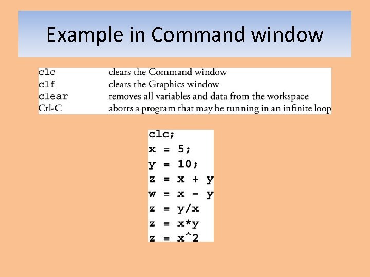 Example in Command window Example in Command window