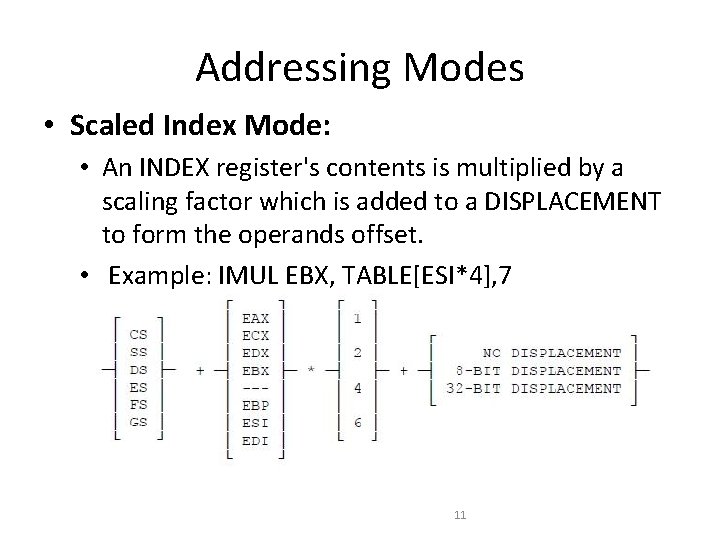Addressing Modes • Scaled Index Mode: • An INDEX register's contents is multiplied by Addressing Modes • Scaled Index Mode: • An INDEX register's contents is multiplied by