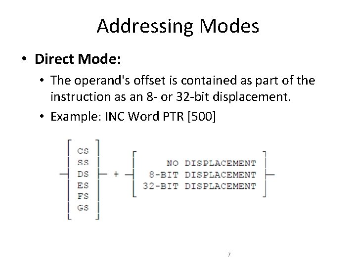 Addressing Modes • Direct Mode: • The operand's offset is contained as part of