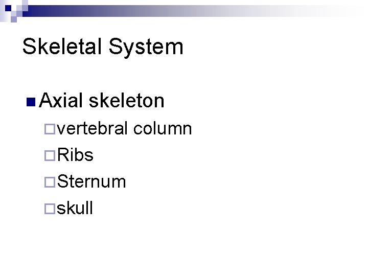 Skeletal System n Axial skeleton ¨vertebral ¨Ribs ¨Sternum ¨skull column 