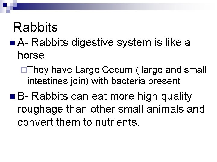 Rabbits n A- Rabbits digestive system is like a horse ¨They have Large Cecum