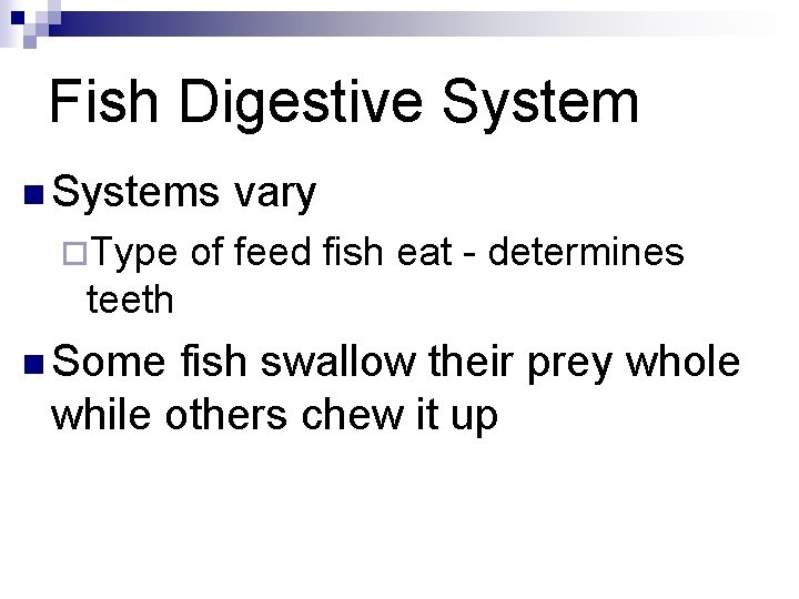 Fish Digestive System n Systems ¨Type vary of feed fish eat - determines teeth