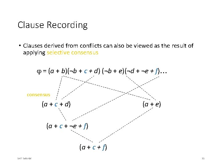 Clause Recording • Clauses derived from conflicts can also be viewed as the result