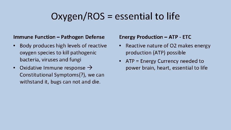 Oxygen/ROS = essential to life Immune Function – Pathogen Defense Energy Production – ATP