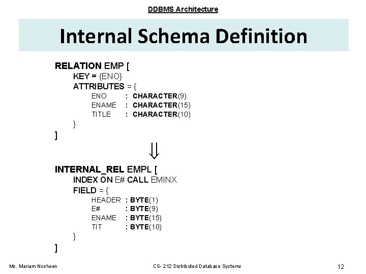DDBMS Architecture Internal Schema Definition RELATION EMP [ KEY = {ENO} ATTRIBUTES = {