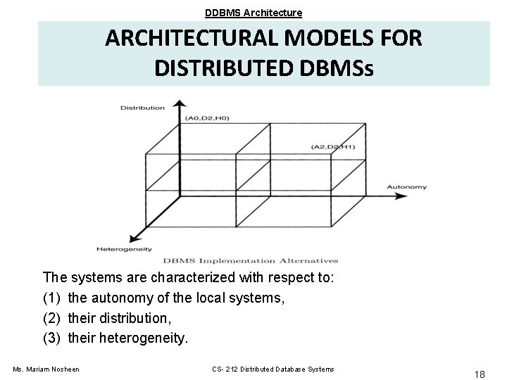 DDBMS Architecture ARCHITECTURAL MODELS FOR DISTRIBUTED DBMSs The systems are characterized with respect to: DDBMS Architecture ARCHITECTURAL MODELS FOR DISTRIBUTED DBMSs The systems are characterized with respect to: