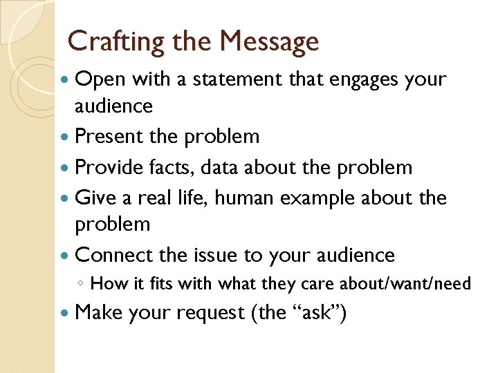 Crafting the Message Open with a statement that engages your audience Present the problem