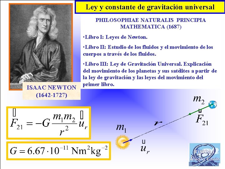 Ley y constante de gravitación universal PHILOSOPHIAE NATURALIS PRINCIPIA MATHEMATICA (1687) • Libro I: