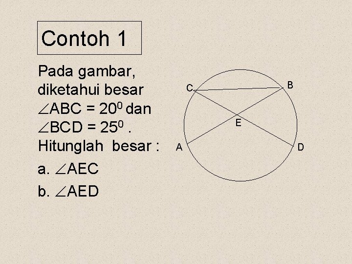 Contoh 1 Pada gambar, diketahui besar ABC = 200 dan BCD = 250. Hitunglah