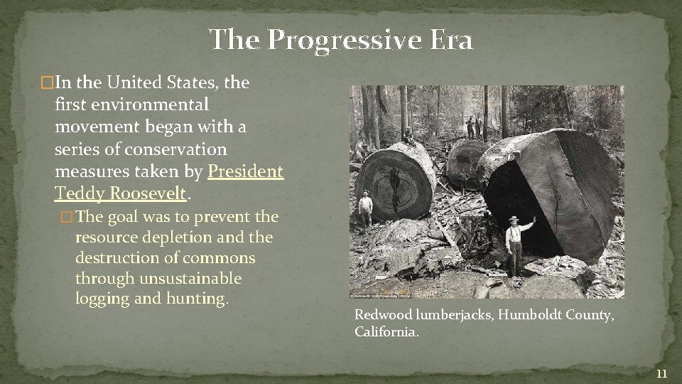 The Progressive Era �In the United States, the first environmental movement began with a
