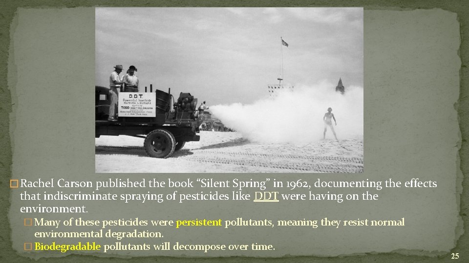 � Rachel Carson published the book “Silent Spring” in 1962, documenting the effects that