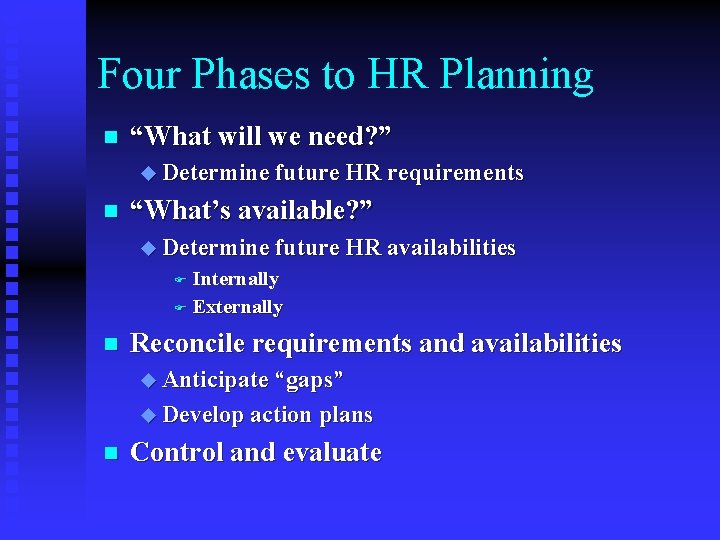 Four Phases to HR Planning n “What will we need? ” u Determine future