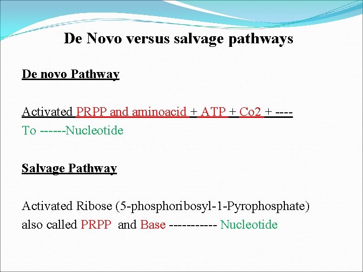 De Novo versus salvage pathways De novo Pathway Activated PRPP and aminoacid + ATP