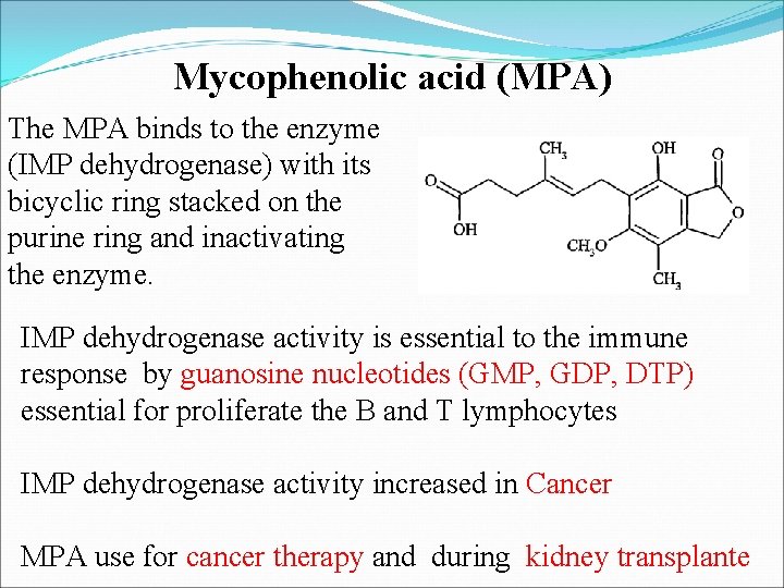 Mycophenolic acid (MPA) The MPA binds to the enzyme (IMP dehydrogenase) with its bicyclic