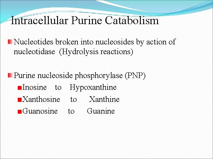 Intracellular Purine Catabolism Nucleotides broken into nucleosides by action of nucleotidase (Hydrolysis reactions) Purine