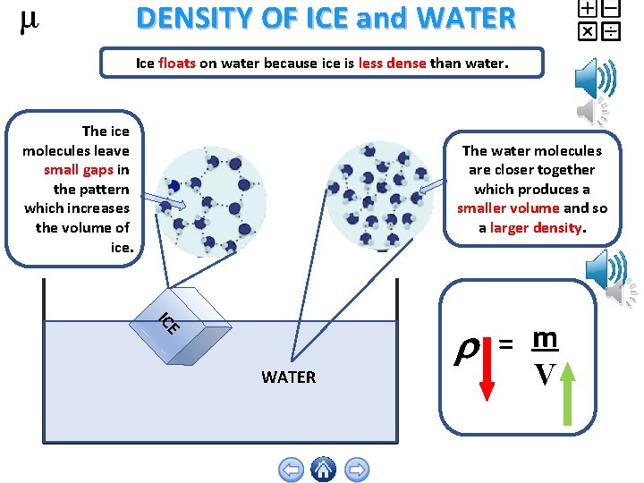 DENSITY OF ICE and WATER Ice floats on water because ice is less dense