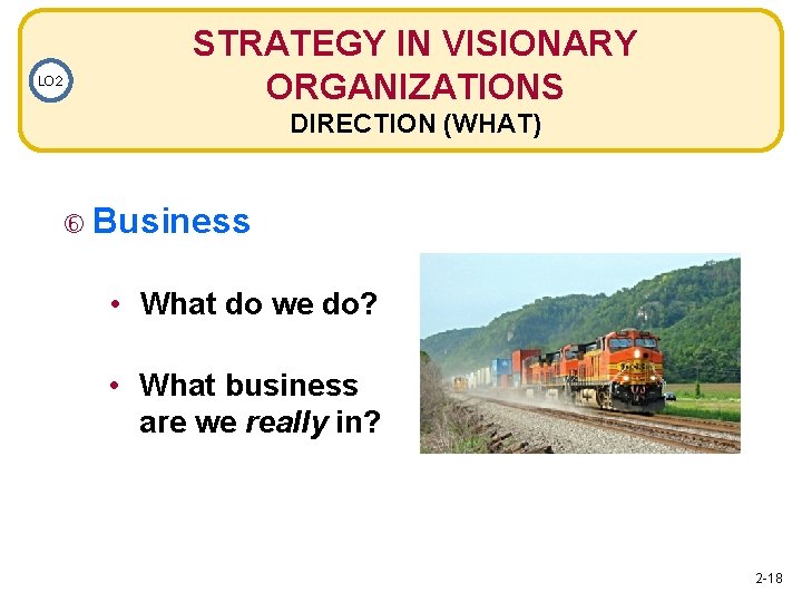 LO 2 STRATEGY IN VISIONARY ORGANIZATIONS DIRECTION (WHAT) Business • What do we do?