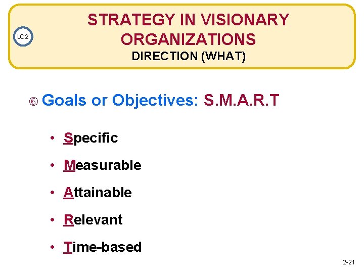 STRATEGY IN VISIONARY ORGANIZATIONS LO 2 DIRECTION (WHAT) Goals or Objectives: S. M. A.