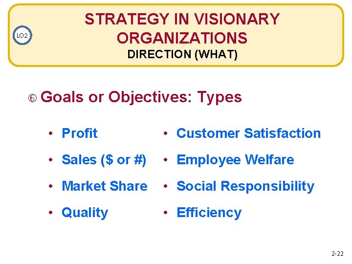 STRATEGY IN VISIONARY ORGANIZATIONS LO 2 DIRECTION (WHAT) Goals or Objectives: Types • Profit