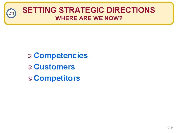 LO 3 SETTING STRATEGIC DIRECTIONS WHERE ARE WE NOW? Competencies Customers Competitors 2 -24