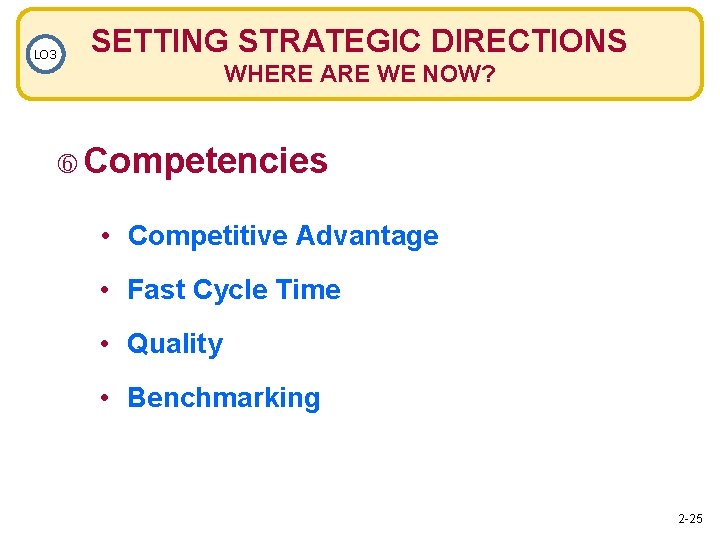 LO 3 SETTING STRATEGIC DIRECTIONS WHERE ARE WE NOW? Competencies • Competitive Advantage •